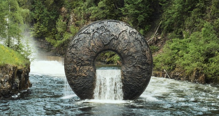 Skulptur av et stort øye, i en elv.