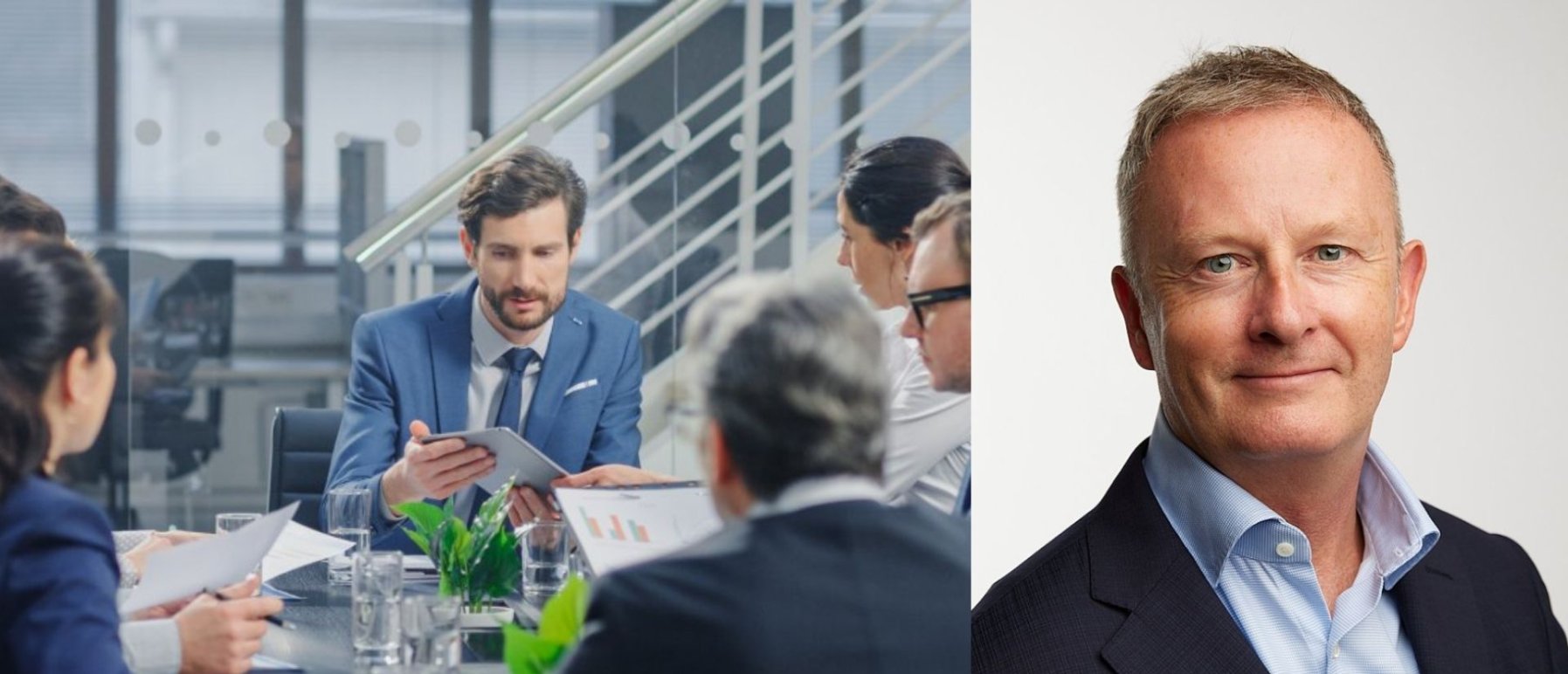 Bilde av en gruppe ansatte i møte på venstre side, bilde av Jan Christian Bernhardt på høyre side.