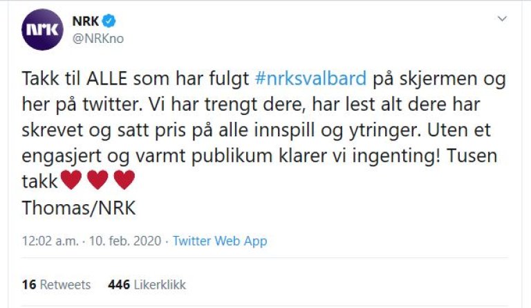 Skjermbilde av NRKs Twitter som takker alle som har fulgt #nrksvalbard