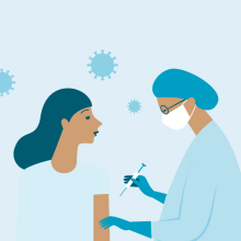 Illustrasjon. Viser en helsepersonell som setter en vaksine på en jente.